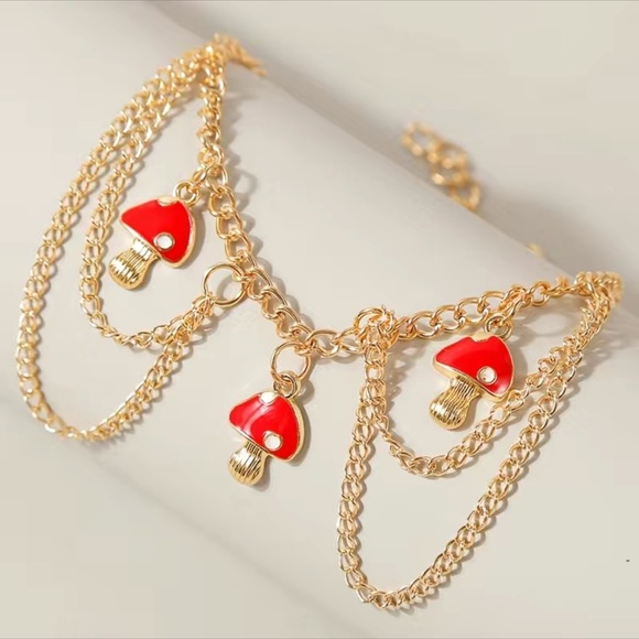 Gold Plated Multi Layer Summer Anklet Ankle Bracelet Mushrooms - Picture 2 of 5